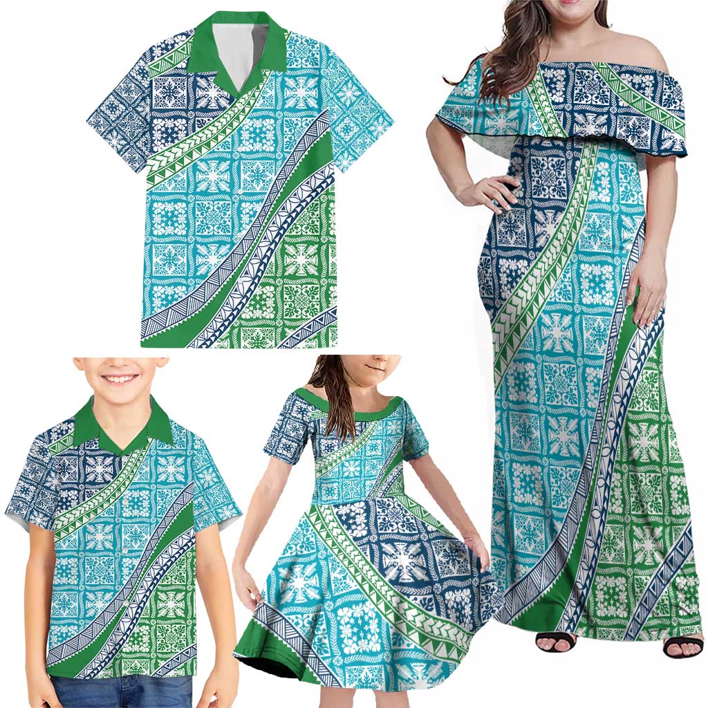 Hawaiian Quilt Pattern Family Matching Off Shoulder Maxi Dress and Hawaiian Shirt Fresh Color Mixed - Polynesian Pride