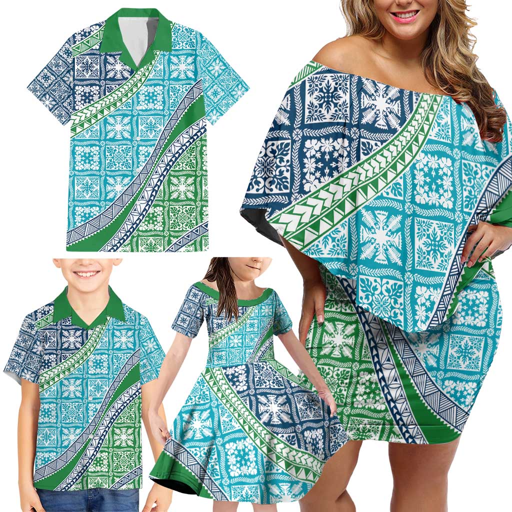 Hawaiian Quilt Pattern Family Matching Off Shoulder Short Dress and Hawaiian Shirt Fresh Color Mixed - Polynesian Pride