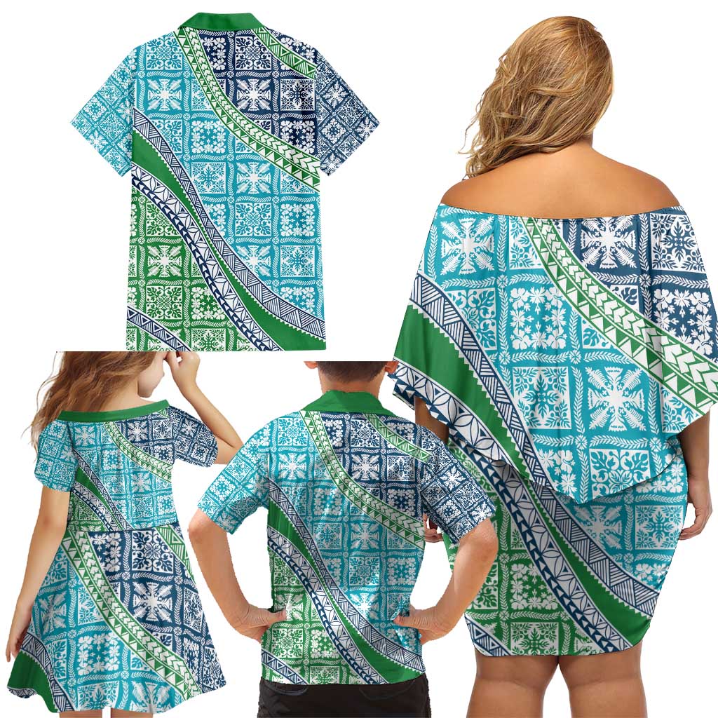 Hawaiian Quilt Pattern Family Matching Off Shoulder Short Dress and Hawaiian Shirt Fresh Color Mixed - Polynesian Pride