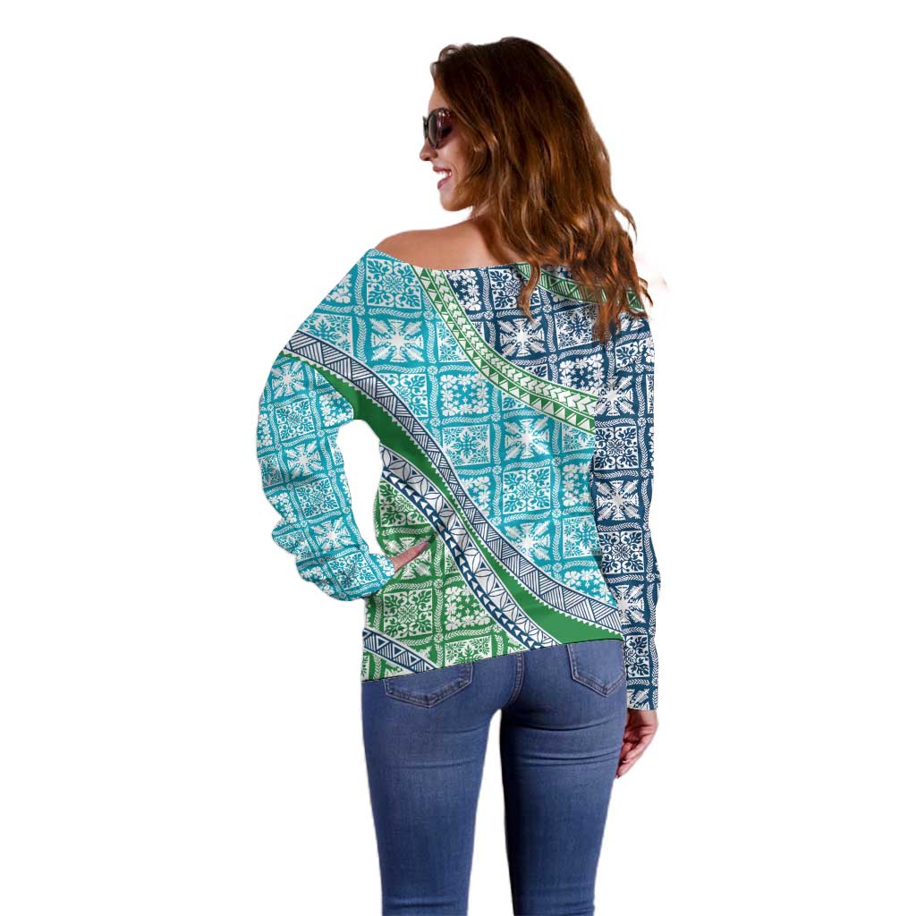 Hawaiian Quilt Pattern Off Shoulder Sweater Fresh Color Mixed - Polynesian Pride