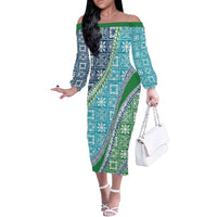 Hawaiian Quilt Pattern Off The Shoulder Long Sleeve Dress Fresh Color Mixed - Polynesian Pride