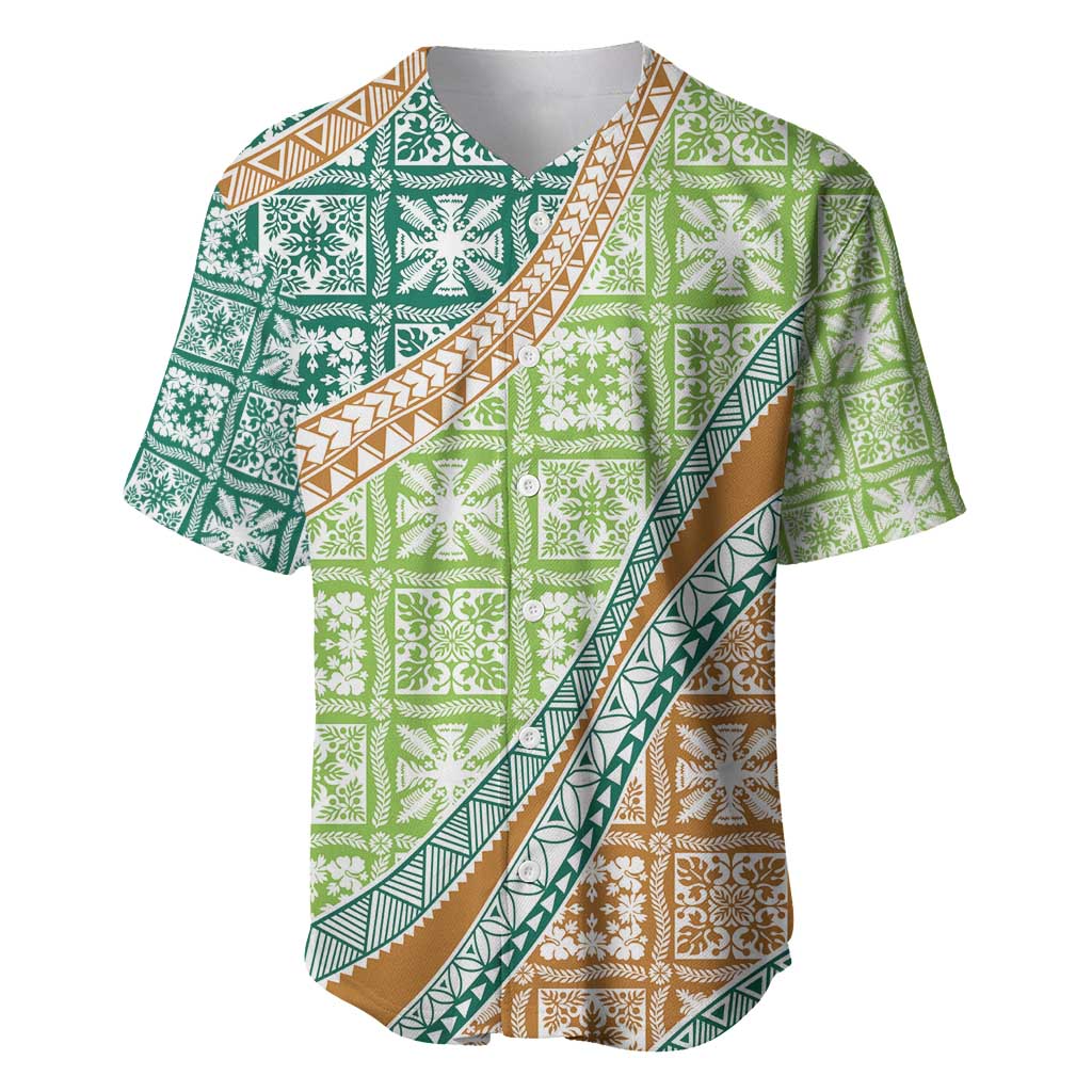 Hawaiian Quilt Pattern Baseball Jersey Green Chestnut Color Mixed - Polynesian Pride