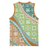 Hawaiian Quilt Pattern Basketball Jersey Green Chestnut Color Mixed - Polynesian Pride
