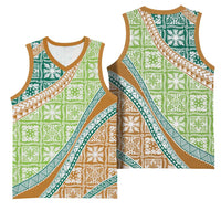 Hawaiian Quilt Pattern Basketball Jersey Green Chestnut Color Mixed - Polynesian Pride
