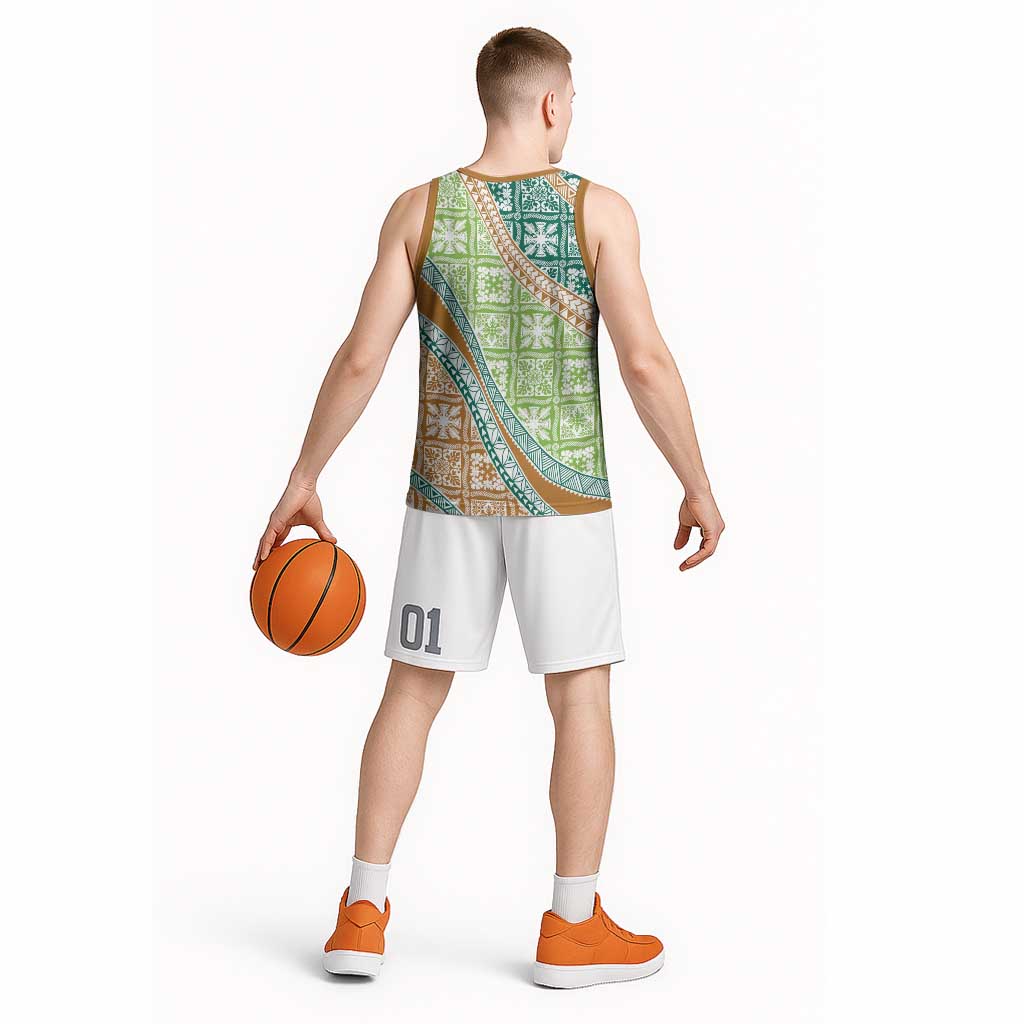 Hawaiian Quilt Pattern Basketball Jersey Green Chestnut Color Mixed - Polynesian Pride