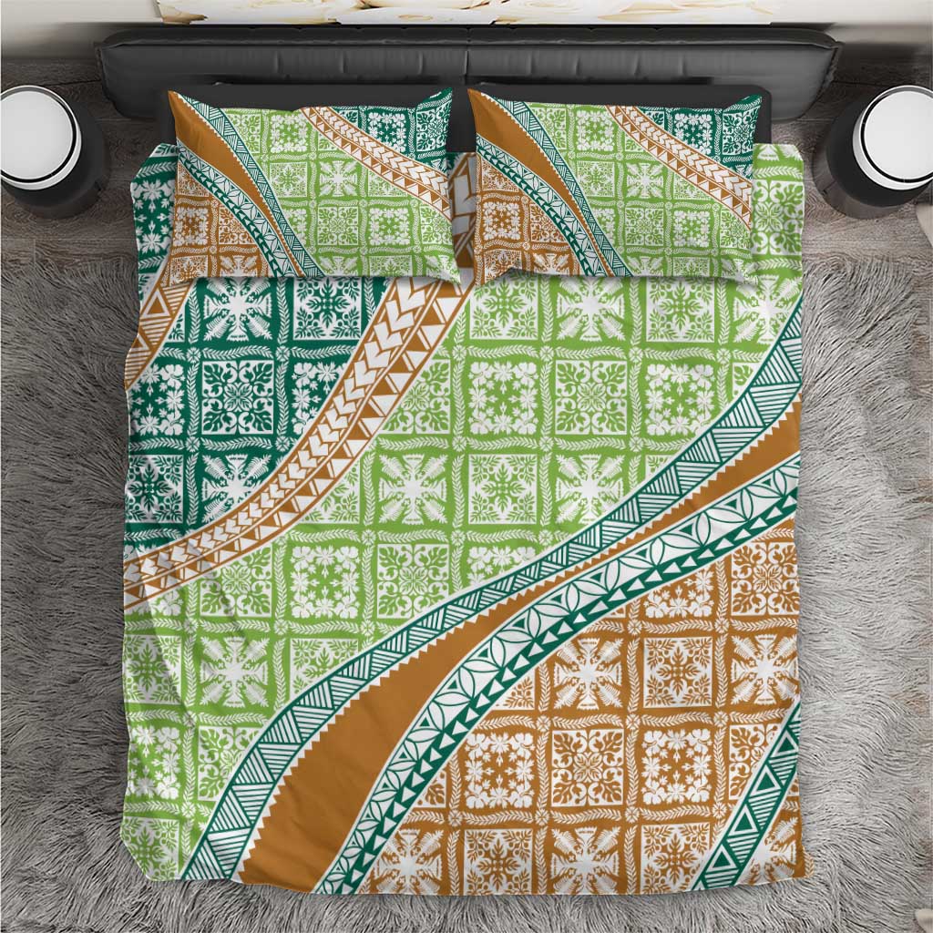Hawaiian Quilt Pattern Bedding Set Green Chestnut Color Mixed - Polynesian Pride