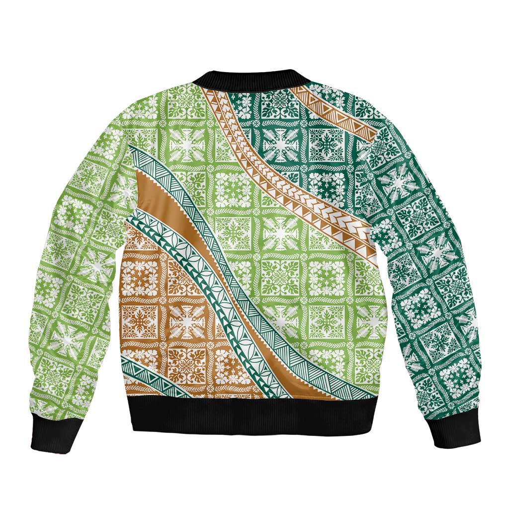 Hawaiian Quilt Pattern Bomber Jacket Green Chestnut Color Mixed - Polynesian Pride