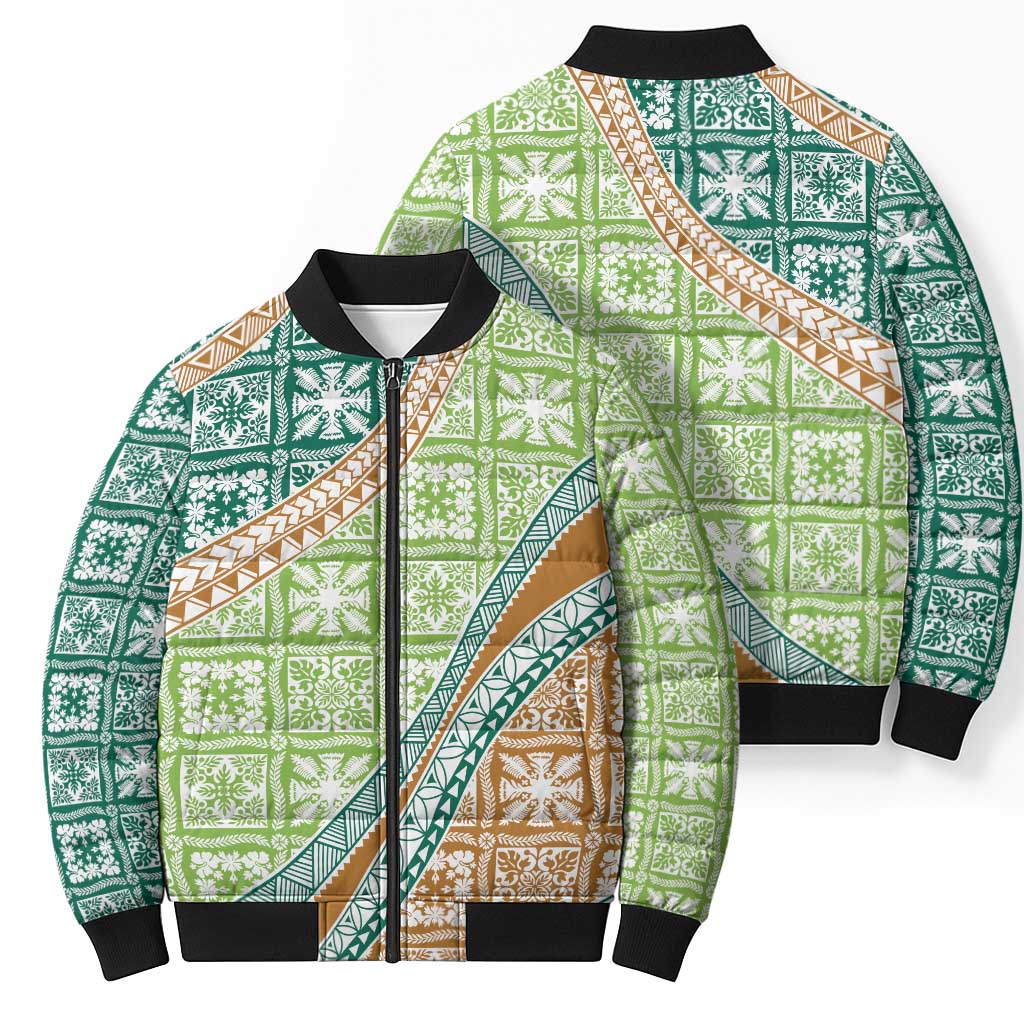 Hawaiian Quilt Pattern Bomber Puffer Jacket Green Chestnut Color Mixed - Polynesian Pride