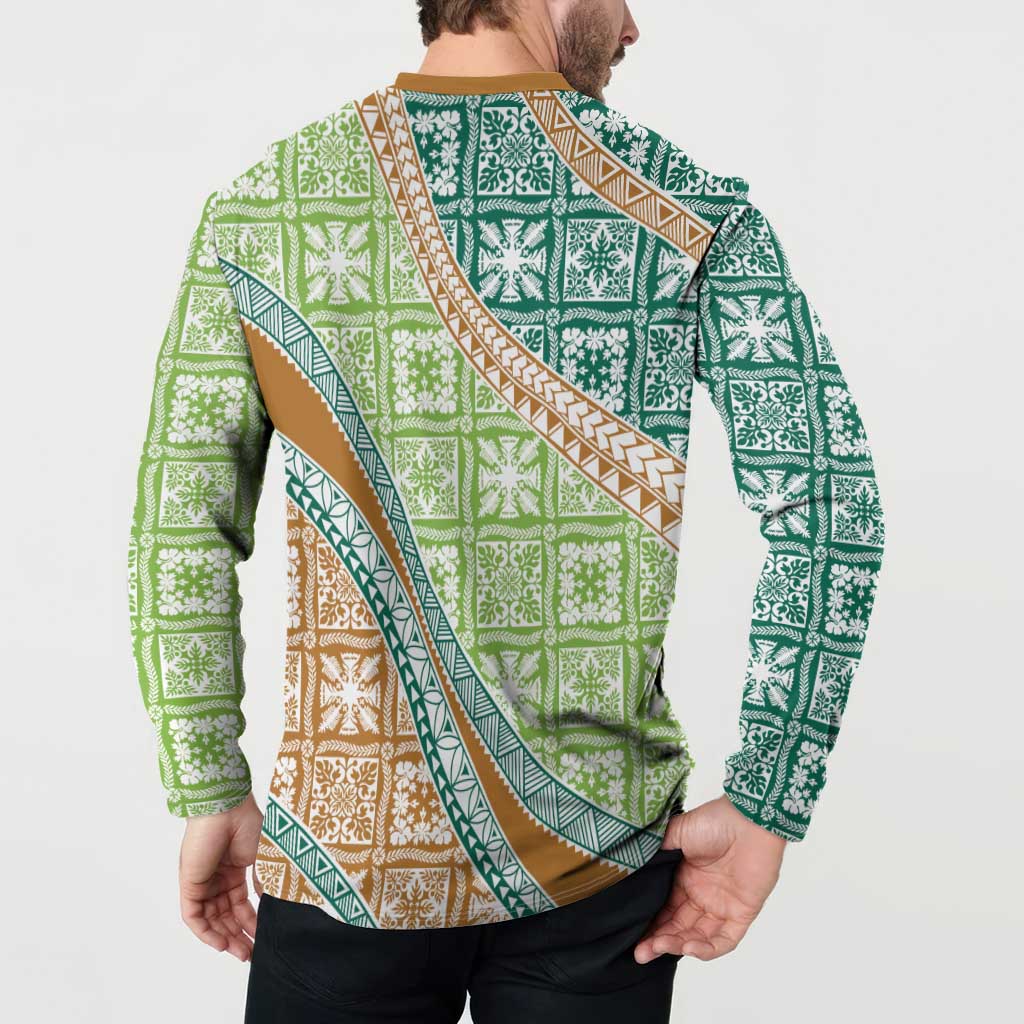Hawaiian Quilt Pattern Button Sweatshirt Green Chestnut Color Mixed - Polynesian Pride
