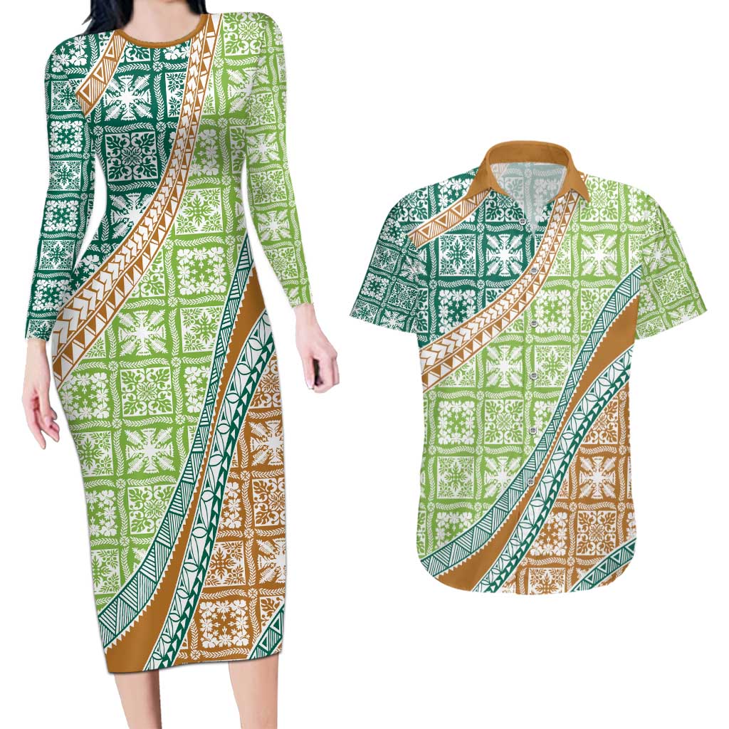 Hawaiian Quilt Pattern Couples Matching Long Sleeve Bodycon Dress and Hawaiian Shirt Green Chestnut Color Mixed - Polynesian Pride