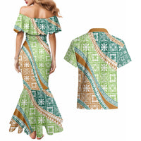 Hawaiian Quilt Pattern Couples Matching Mermaid Dress and Hawaiian Shirt Green Chestnut Color Mixed - Polynesian Pride