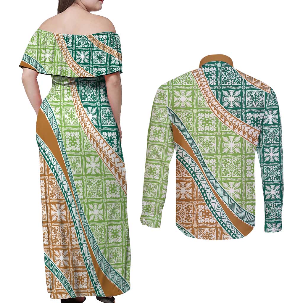 Hawaiian Quilt Pattern Couples Matching Off Shoulder Maxi Dress and Long Sleeve Button Shirt Green Chestnut Color Mixed - Polynesian Pride