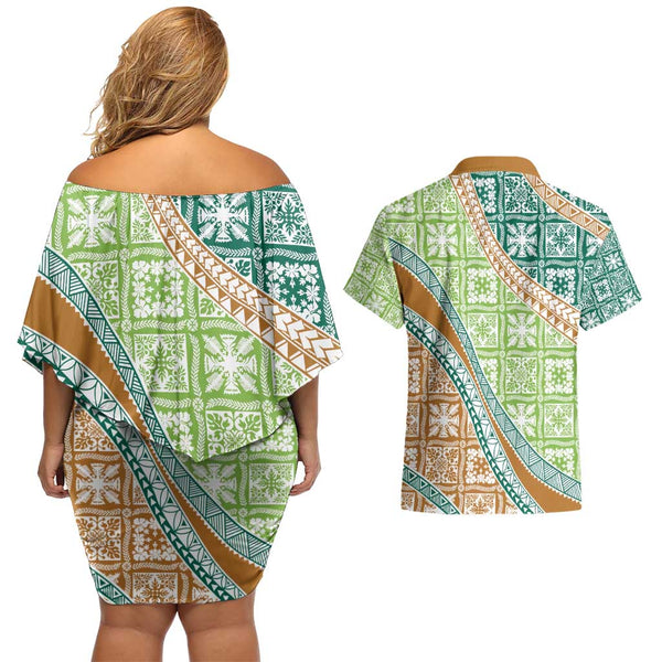 Personalized Cook Islands Couples Matching Off Shoulder Short Dress and Hawaiian Shirt Coat Of Arms Plumeria Polynesian Turtle LT05 main image 0