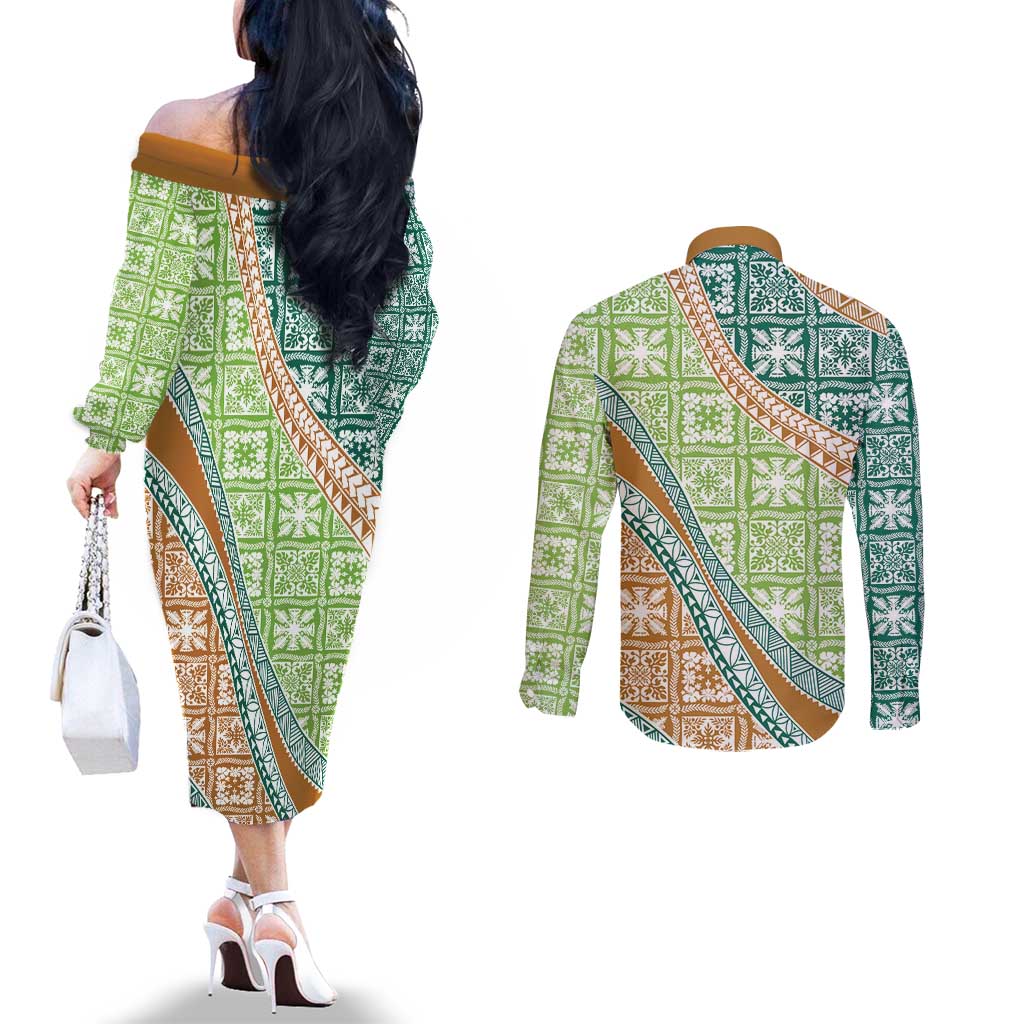 Hawaiian Quilt Pattern Couples Matching Off The Shoulder Long Sleeve Dress and Long Sleeve Button Shirt Green Chestnut Color Mixed - Polynesian Pride