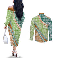 Hawaiian Quilt Pattern Couples Matching Off The Shoulder Long Sleeve Dress and Long Sleeve Button Shirt Green Chestnut Color Mixed - Polynesian Pride