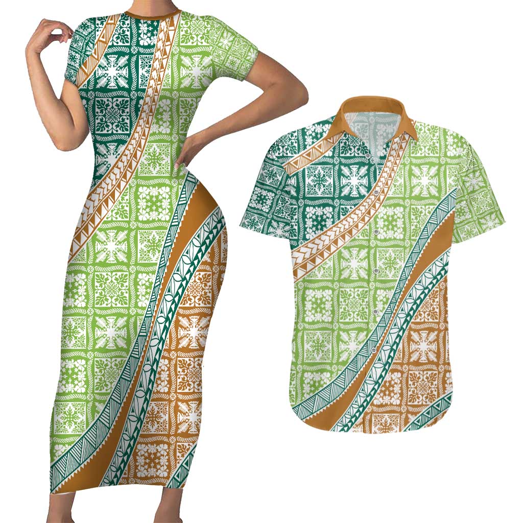 Hawaiian Quilt Pattern Couples Matching Short Sleeve Bodycon Dress and Hawaiian Shirt Green Chestnut Color Mixed - Polynesian Pride