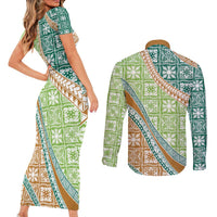 Hawaiian Quilt Pattern Couples Matching Short Sleeve Bodycon Dress and Long Sleeve Button Shirt Green Chestnut Color Mixed - Polynesian Pride