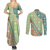 Hawaiian Quilt Pattern Couples Matching Summer Maxi Dress and Long Sleeve Button Shirt Green Chestnut Color Mixed - Polynesian Pride