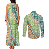 Hawaiian Quilt Pattern Couples Matching Tank Maxi Dress and Long Sleeve Button Shirt Green Chestnut Color Mixed - Polynesian Pride