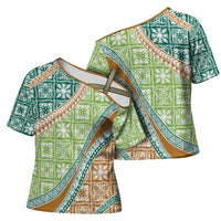 Hawaiian Quilt Pattern Cross Shoulder Shirt Green Chestnut Color Mixed - Polynesian Pride