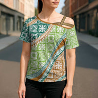 Hawaiian Quilt Pattern Cross Shoulder Shirt Green Chestnut Color Mixed - Polynesian Pride