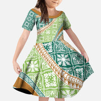 Hawaiian Quilt Pattern Family Matching Long Sleeve Bodycon Dress and Hawaiian Shirt Green Chestnut Color Mixed - Polynesian Pride