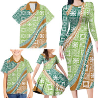 Hawaiian Quilt Pattern Family Matching Long Sleeve Bodycon Dress and Hawaiian Shirt Green Chestnut Color Mixed - Polynesian Pride