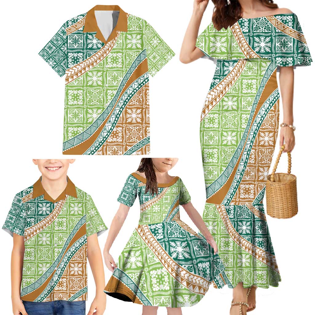Hawaiian Quilt Pattern Family Matching Mermaid Dress and Hawaiian Shirt Green Chestnut Color Mixed - Polynesian Pride