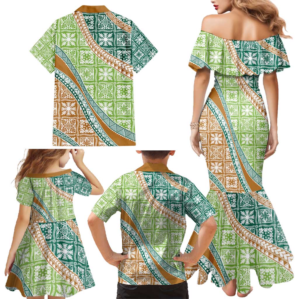 Hawaiian Quilt Pattern Family Matching Mermaid Dress and Hawaiian Shirt Green Chestnut Color Mixed - Polynesian Pride