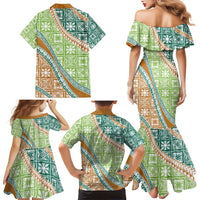 Hawaiian Quilt Pattern Family Matching Mermaid Dress and Hawaiian Shirt Green Chestnut Color Mixed - Polynesian Pride