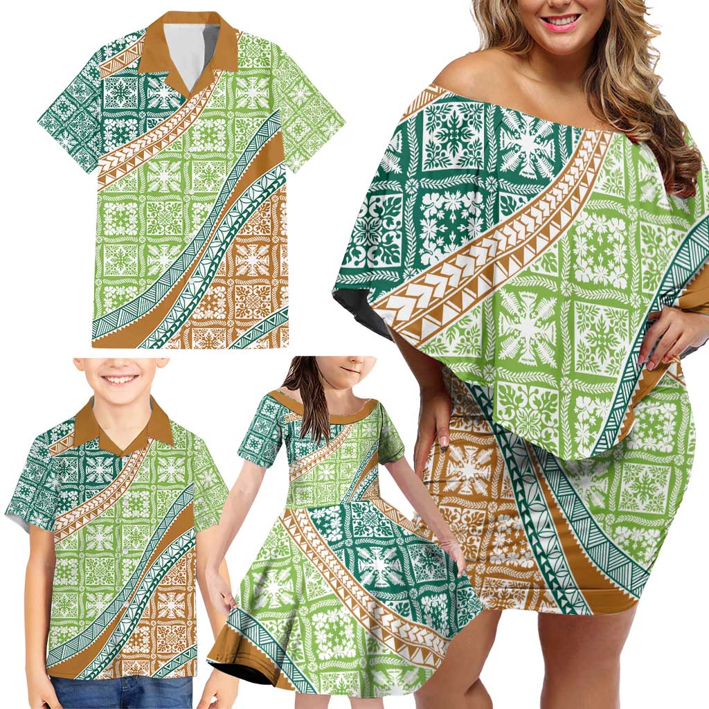 Hawaiian Quilt Pattern Family Matching Off Shoulder Short Dress and Hawaiian Shirt Green Chestnut Color Mixed - Polynesian Pride