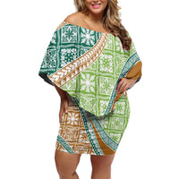 Hawaiian Quilt Pattern Family Matching Off Shoulder Short Dress and Hawaiian Shirt Green Chestnut Color Mixed - Polynesian Pride