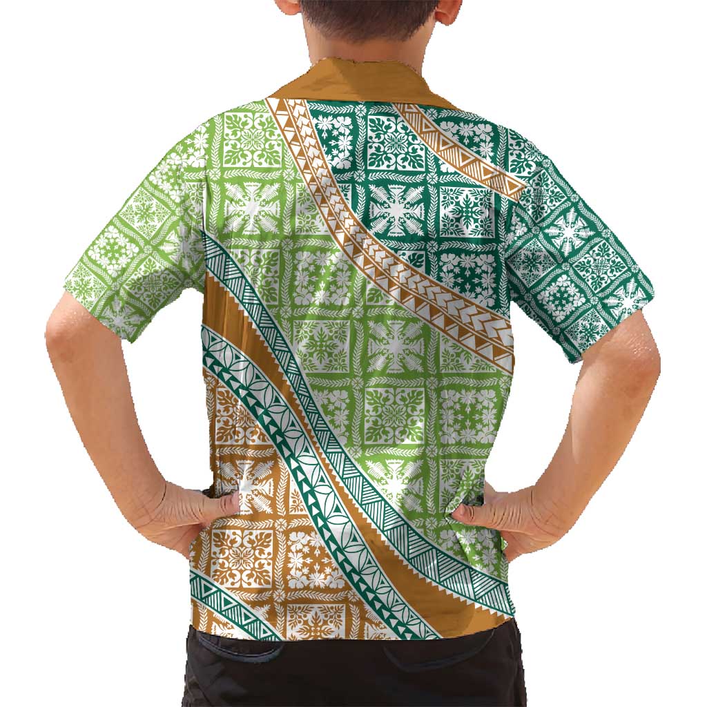 Hawaiian Quilt Pattern Family Matching Puletasi and Hawaiian Shirt Green Chestnut Color Mixed - Polynesian Pride