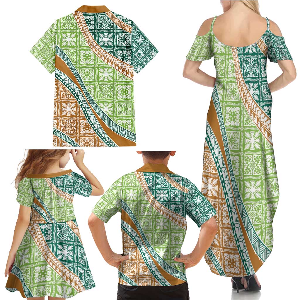 Hawaiian Quilt Pattern Family Matching Summer Maxi Dress and Hawaiian Shirt Green Chestnut Color Mixed - Polynesian Pride