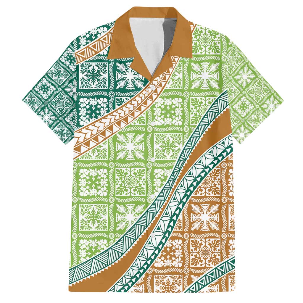 Hawaiian Quilt Pattern Family Matching Summer Maxi Dress and Hawaiian Shirt Green Chestnut Color Mixed - Polynesian Pride