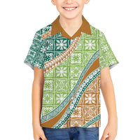 Hawaiian Quilt Pattern Family Matching Summer Maxi Dress and Hawaiian Shirt Green Chestnut Color Mixed - Polynesian Pride