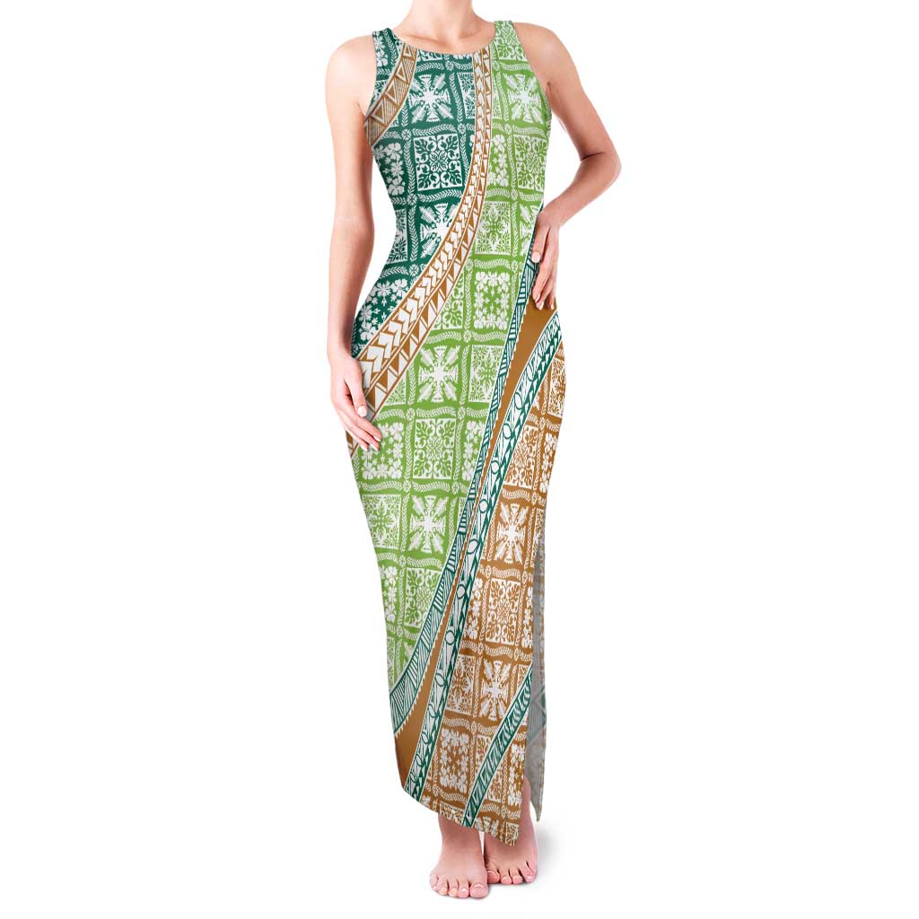 Hawaiian Quilt Pattern Family Matching Tank Maxi Dress and Hawaiian Shirt Green Chestnut Color Mixed - Polynesian Pride