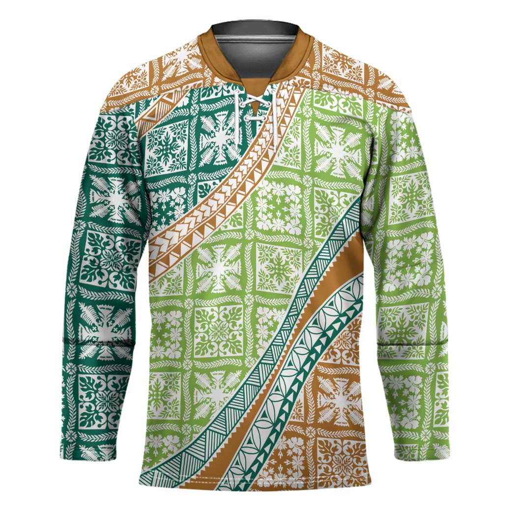 Hawaiian Quilt Pattern Hockey Jersey Green Chestnut Color Mixed - Polynesian Pride