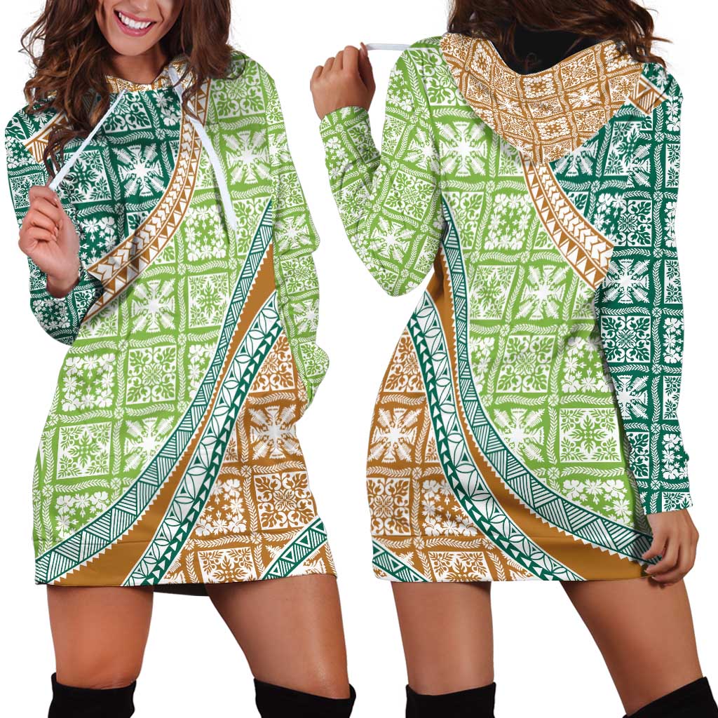 Hawaiian Quilt Pattern Hoodie Dress Green Chestnut Color Mixed - Polynesian Pride