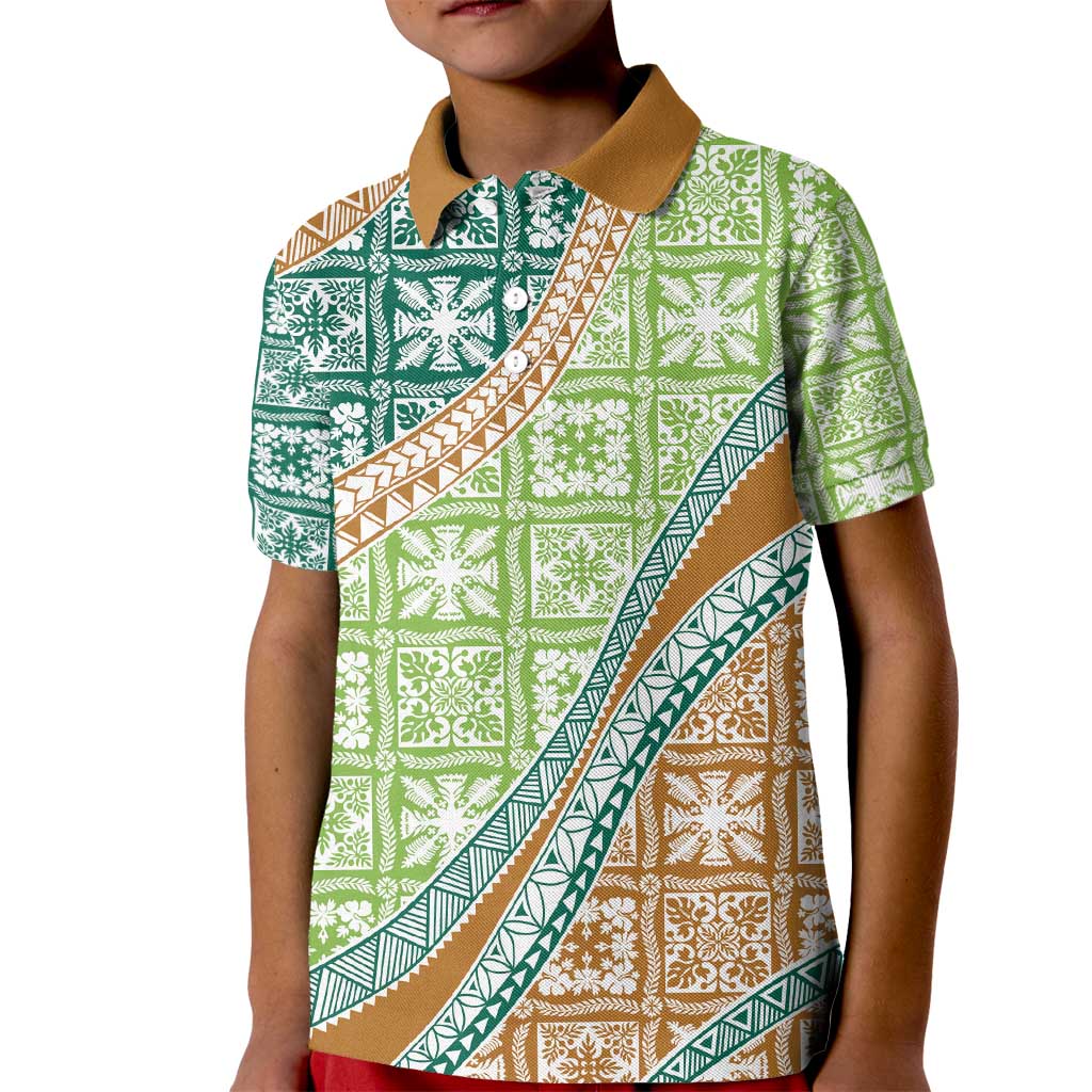 Hawaiian Quilt Pattern Kid Polo Shirt Green Chestnut Color Mixed - Polynesian Pride