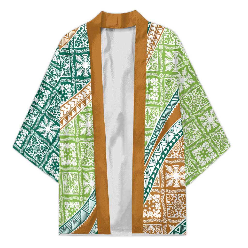 Hawaiian Quilt Pattern Kimono Green Chestnut Color Mixed - Polynesian Pride