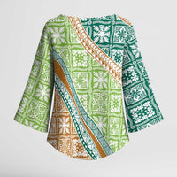 Hawaiian Quilt Pattern Kimono Sleeve Blouse Green Chestnut Color Mixed - Polynesian Pride