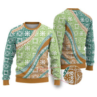 Hawaiian Quilt Pattern Ugly Christmas Sweater Green Chestnut Color Mixed - Polynesian Pride