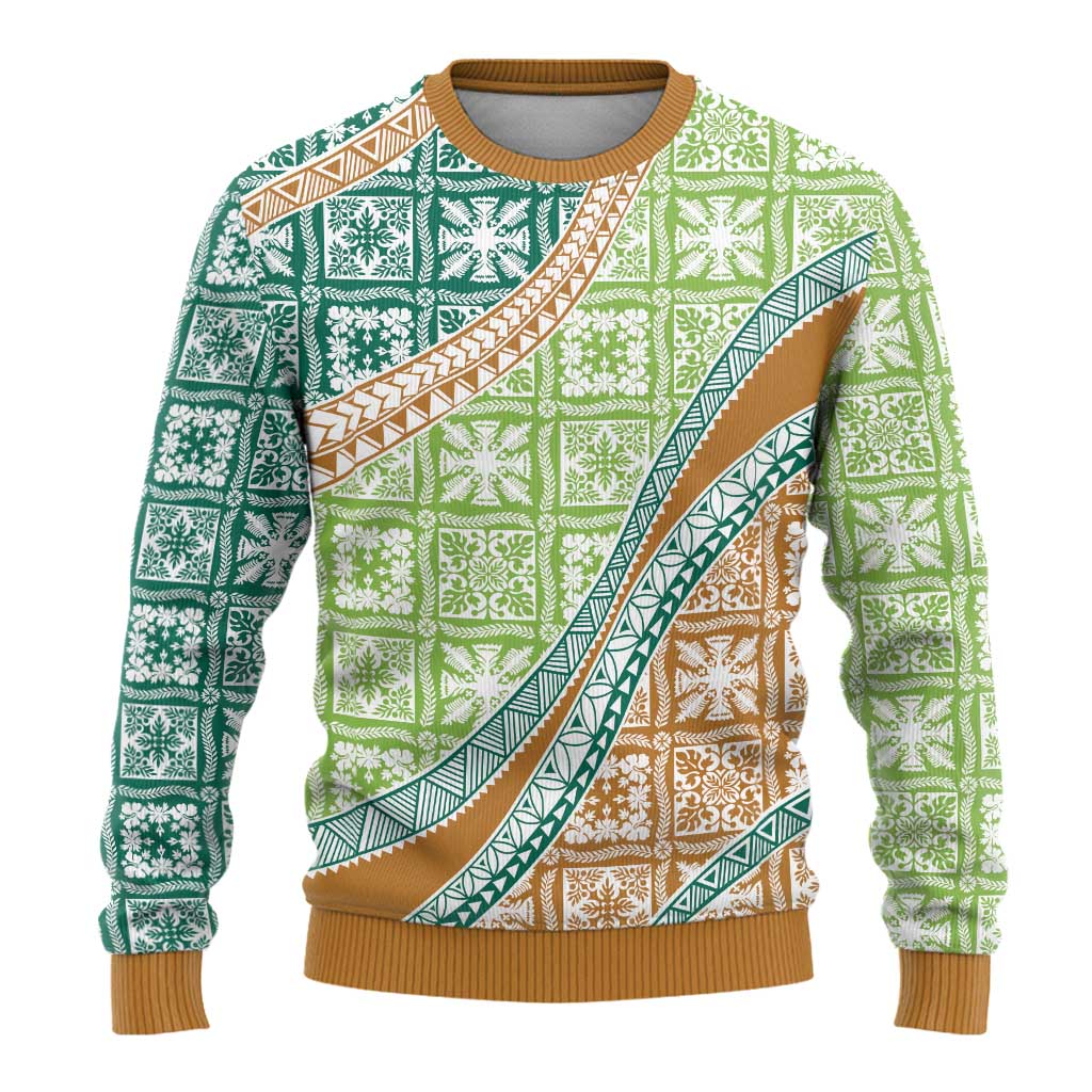 Hawaiian Quilt Pattern Ugly Christmas Sweater Green Chestnut Color Mixed - Polynesian Pride