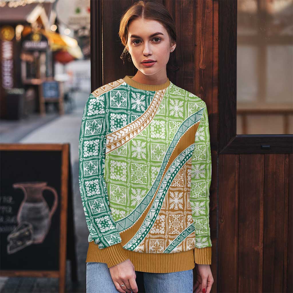 Hawaiian Quilt Pattern Ugly Christmas Sweater Green Chestnut Color Mixed - Polynesian Pride