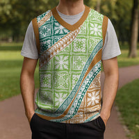 Hawaiian Quilt Pattern Christmas Knitted V-Neck Vest Green Chestnut Color Mixed - Polynesian Pride