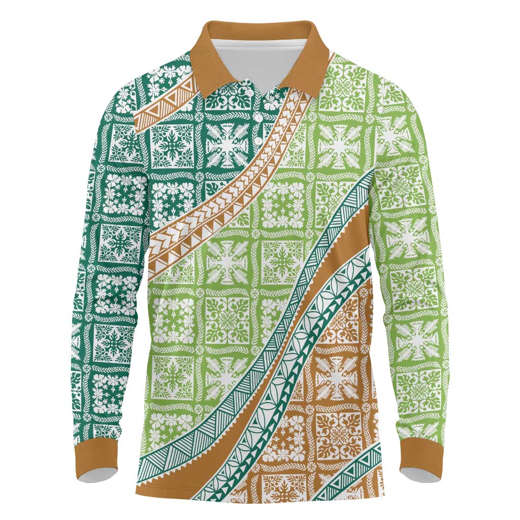 Hawaiian Quilt Pattern Long Sleeve Polo Shirt Green Chestnut Color Mixed - Polynesian Pride