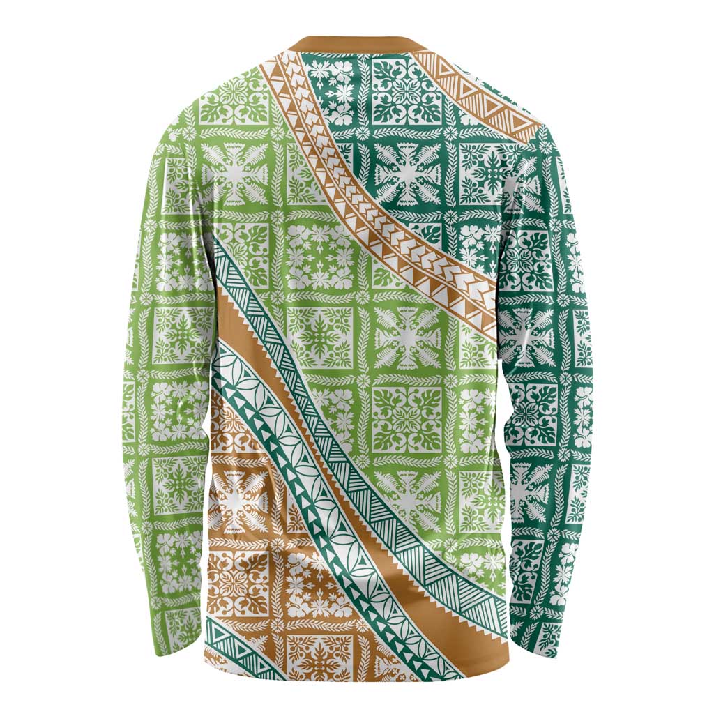 Hawaiian Quilt Pattern Long Sleeve Shirt Green Chestnut Color Mixed - Polynesian Pride
