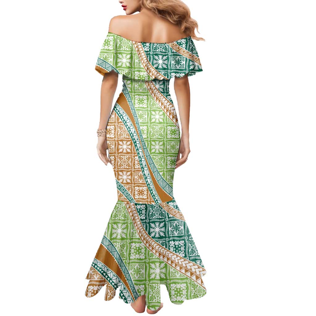 Hawaiian Quilt Pattern Mermaid Dress Green Chestnut Color Mixed - Polynesian Pride