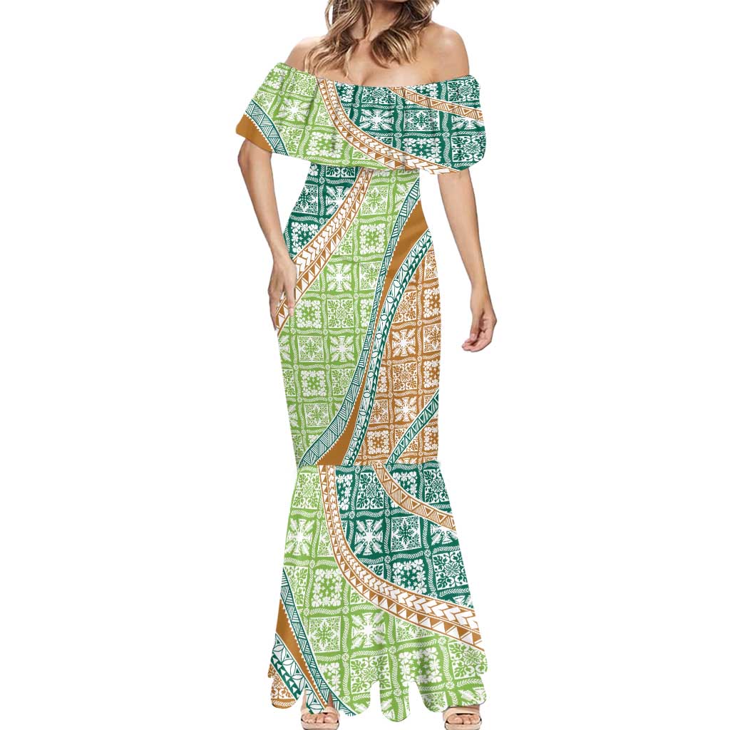 Hawaiian Quilt Pattern Mermaid Dress Green Chestnut Color Mixed - Polynesian Pride
